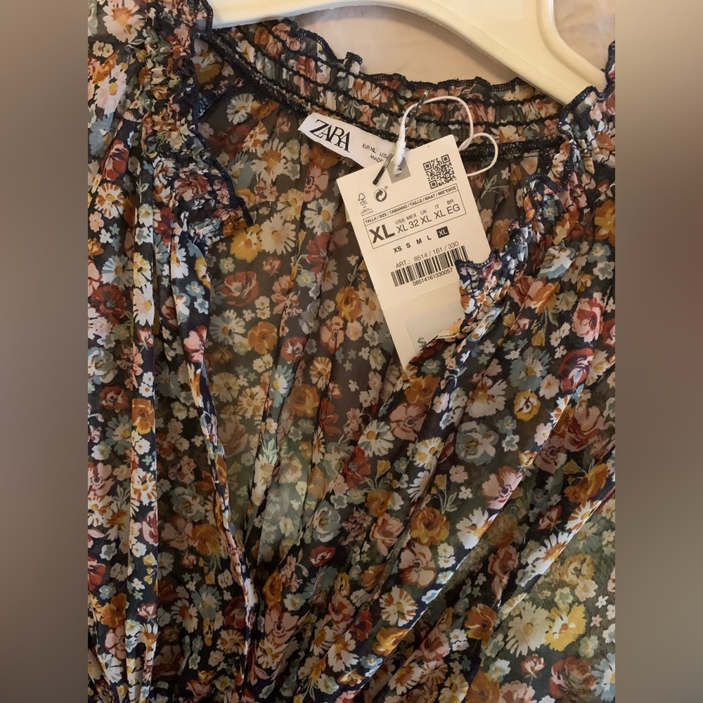 ✨NWT Zara Multicolor Floral Long Sleeve Tie Waist Button Front Ruffle Mini Dress - Picture 4 of 11